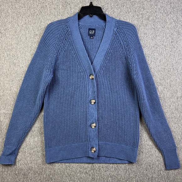 SOLD GAP Button Front Knit Steel Blue Cardigan Sweater 100% Cotton Womens Size S - Picture 1 of 5